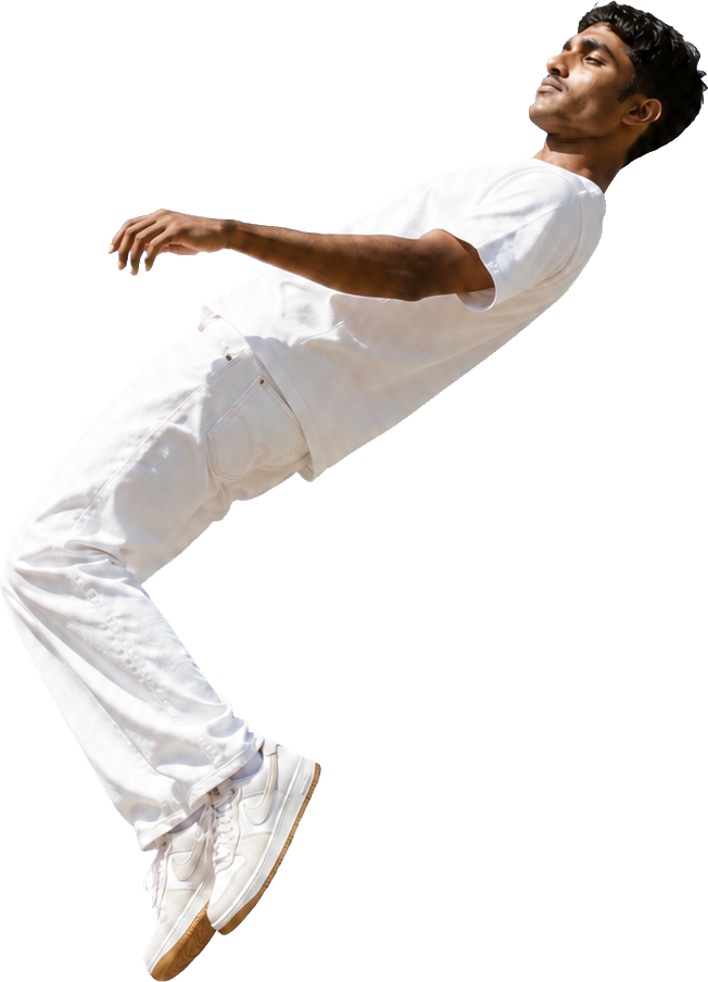 Munna Ansari wearing white and floating through a blue sky